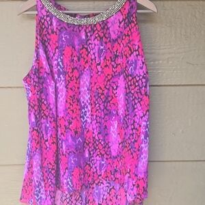 Jennifer Lopez woman pink purple animal print embellished blouse sleeveless 1x